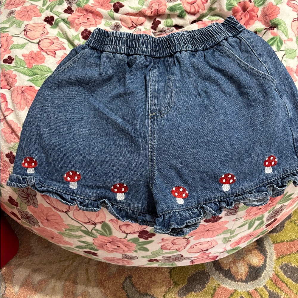Cider Blue Jean Shorts with Red Mushroom Embroidery